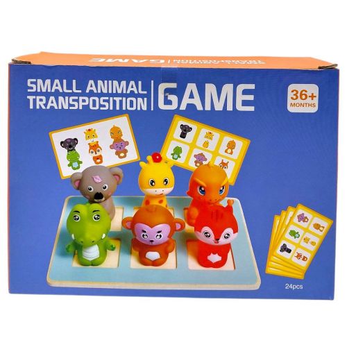 Логическая игра (деревянная доска 18х12. 5 см, резиновые фигурки животных, двусторонние карточки с комбинациями животных) в коробке 20х6х15 см  мініатюра фото 1