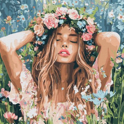 Картина за номерами - Дівчина з віночком в полі 40х40 см.  мініатюра фото 1