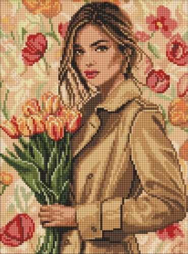 Алмазна мозаїка - "Дівчина у пальто з тюльпанами" ©art_selena_ua, 30х40см  мініатюра фото 1