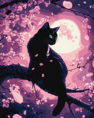 Картина за номерами - "Чарівний кіт серед сакури" з фарбами металік ©art_selena_ua, 40х50см  мініатюра фото 1