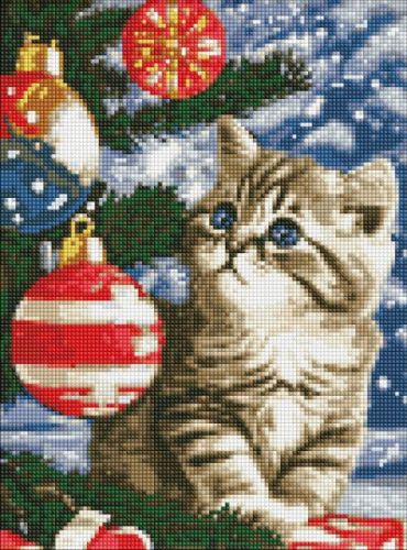 Алмазна мозаїка - "Кошеня під ялинкою" з голограмними стразами (AB) ©art_selena_ua, 30х40см  мініатюра фото 1