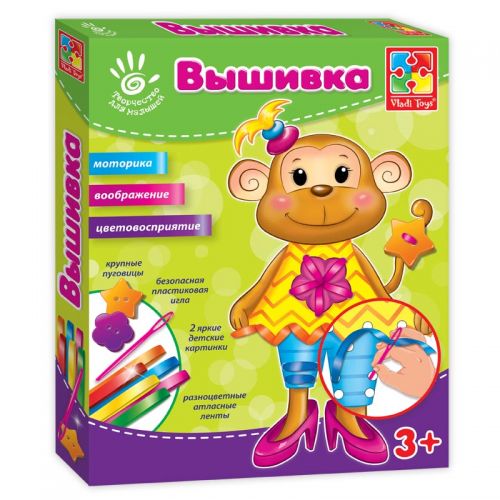 Вышивка лентами и пуговицами "Обезьянка" картинка Вышивка лентами и пуговицами "Обезьянка" фото