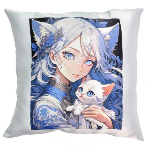 Подушка "Аніме дівчина з кошеням" (розмір 35 см) рожева з нанесенням сублімації  мініатюра фото 1