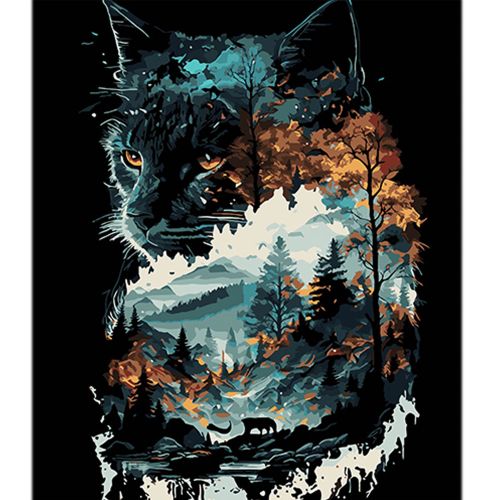 Картина по номерах на чорному фоні "Кішка в подвійній експозиції" 40х50 см  мініатюра фото 1