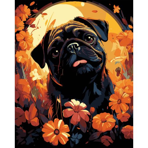 Картина по номерах на чорному фоні "Мопс у квітах" 40х50 см  мініатюра фото 1