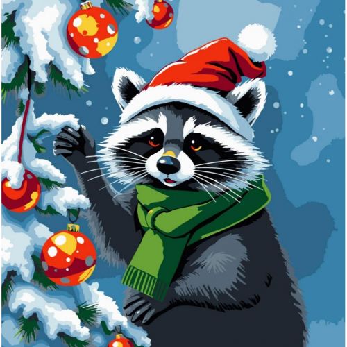 Картина по номерах "Єнот прикрашає ялинку" 30х30 см  мініатюра фото 1