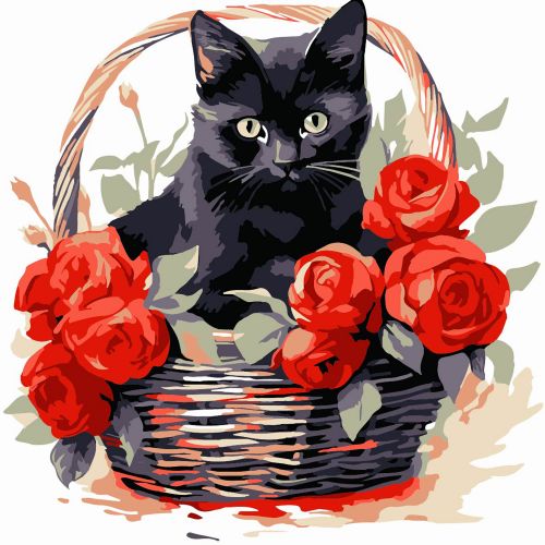 Картина по номерах "Чорна кішка з трояндами" 20х20 см  мініатюра фото 1