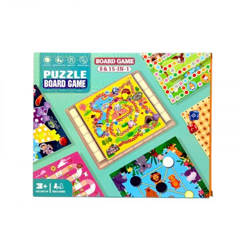 Набір настільних ігор 15 в 1, ігрове поле, фігурки, фішки, кубик, мішечок, наліпки, інструкція, в коробці  мініатюра фото 1