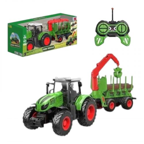 Трактор на радіокеруванні довжина 42 см, масштаб 1:24, гумові шини, навісне обладнання, причіп, 3 шматки деревини, акумулятор 3. 7 V, пульт керування, в коробці  мініатюра фото 1