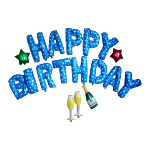 Набір фольгованих повітряних кульок Happy Birthday з келихами (БЛАКИТНИЙ)  мініатюра фото 1