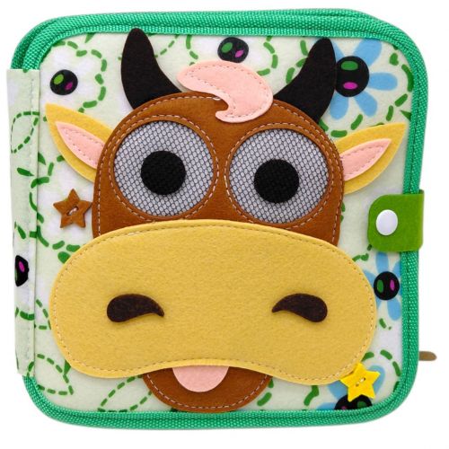 Мʼяка книжка бізіборд (фетр, намистини, прозора кишеня, цифри, елементи на липучках та кнопках, овочі, фрукти, комахи)  мініатюра фото 1