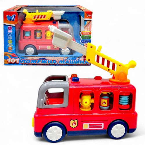 Музична машинка "Пожежна машина" (пісні, цікаві факти, віршики, підсвічування, сирена, 2 режими гучності, тріскачки, телескопічна драбина обертається на 360°, фігурка пожежника)  мініатюра фото 1
