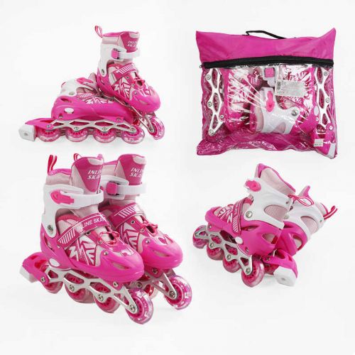 Ролики /размер 29-33/ цвет – РОЗОВЫЙ (6) колеса PVC, стелька 16-19 см, ПЕРЕДНЕЕ КОЛЕСО СВЕТ, d – 6. 5 см, в сумке  мініатюра фото 1