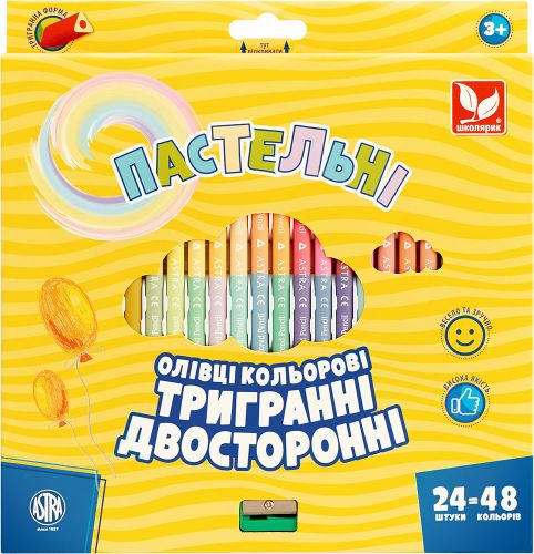 Олівці кольорові тригранні двосторонні пастельні кольори + чинка - 48 кольорів (24 шт. )  мініатюра фото 1