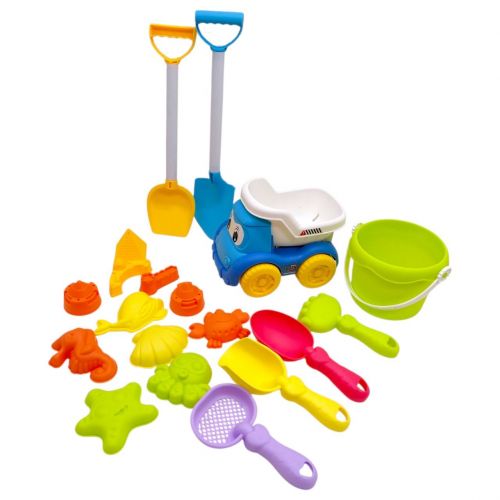 Пісочний набір (розмір самоскида 16. 5х11. х13 см, висота відра 10 см,  граблі, сито, 4 лопатки, 11 формочок) в сітці  мініатюра фото 1