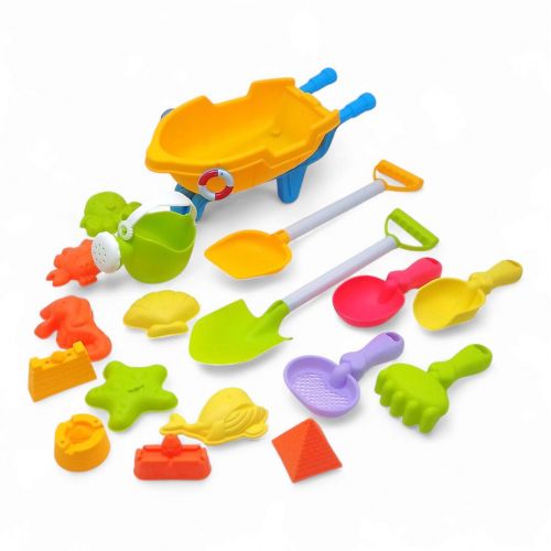 Уцінка.  Пісочний набір - тачка 25 х 12 х 10 см, граблі, лопатки, сито, лійка, 10 формочок Відкололась деталь  мініатюра фото 1
