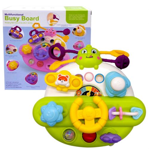 Бізіборд “Кермо”, гумові мотузочки, спінер, пальчикові ігри, попіт, пискавка, тріскачка, замок запалювання, 2 кріплення на липучках, в коробці (ЗЕЛЕНИЙ)  мініатюра фото 1