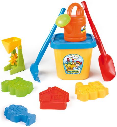 Набір до пiску (великий юніор), складається з квадратного відерця з ситом, лопатки, грабель, млина, форм, а також кораблика  мініатюра фото 1