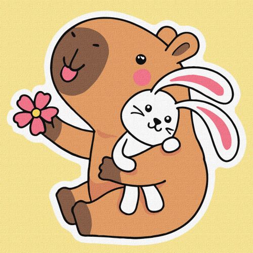 Картина по номерах "Капібара із зайчиком" 30х30см  мініатюра фото 1