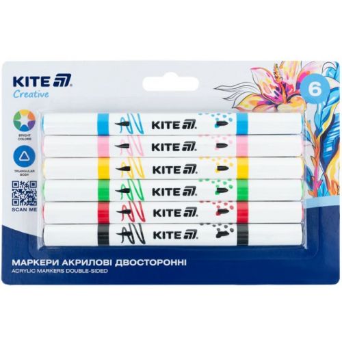 Маркери акрилові двосторонні "Kite Creative", 6 кольорів  мініатюра фото 1