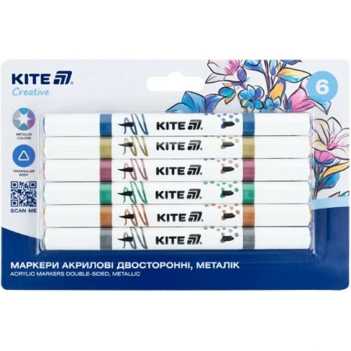 Маркери акрилові двосторонні "Kite Creative металік", 6 кольорів  мініатюра фото 1