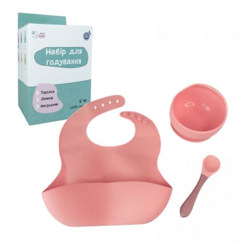 Набор силиконовая тарелка и слюнявчик в коробке (РОЗОВЫЙ) фото