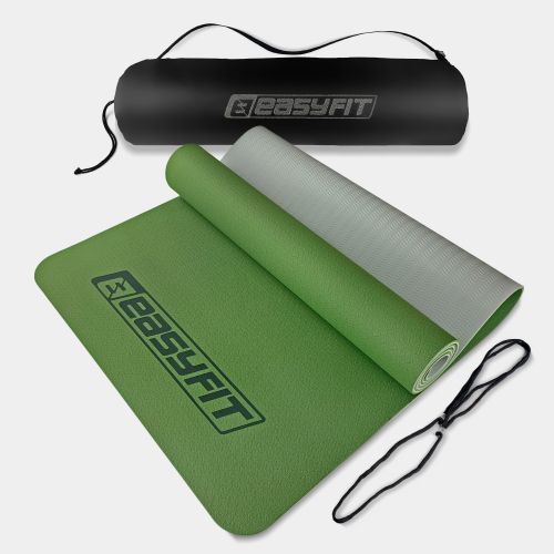 Килимок для йоги та фітнеса EasyFit TPE+TC 6мм двошаровий + Чохол зелений з сірим  мініатюра фото 1