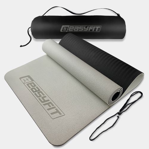 Килимок для йоги та фітнеса EasyFit TPE+TC 6мм двошаровий + Чохол сірий з чорним  мініатюра фото 1