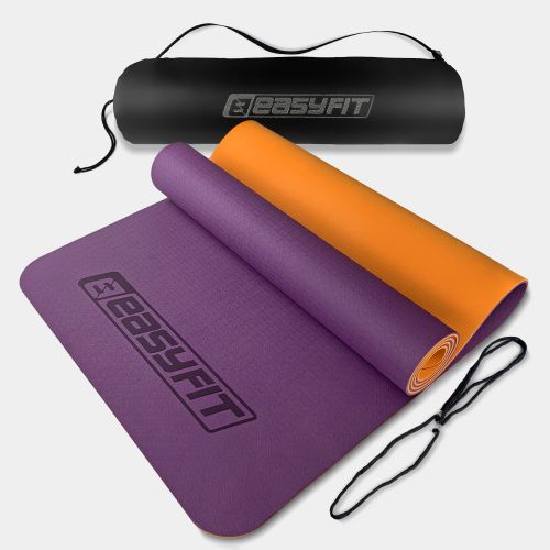 Коврик для йоги и фитнеса EasyFit TPE+TC 6 мм двухслойный + Чехол фиолетовый с оранжевым  мініатюра фото 1