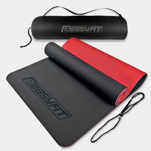 Коврик для йоги и фитнеса EasyFit TPE+TC 6 мм двухслойный + Чехол черный с красным  мініатюра фото 1