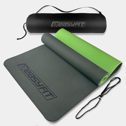 Коврик для йоги и фитнеса EasyFit TPE+TC 6 мм двухслойный + Чехол черный с зеленым  мініатюра фото 1
