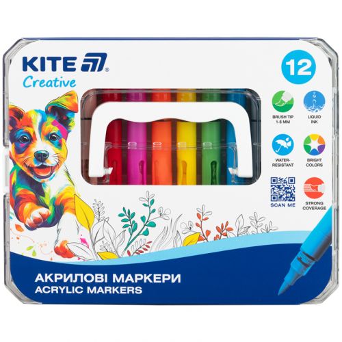 Маркери акрилові з рідкими чорнилами, 12шт Kite Creative  мініатюра фото 1