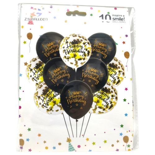 Набір повітряних кульок "Happy birthday" 10шт*30см золоті, чорні  мініатюра фото 1