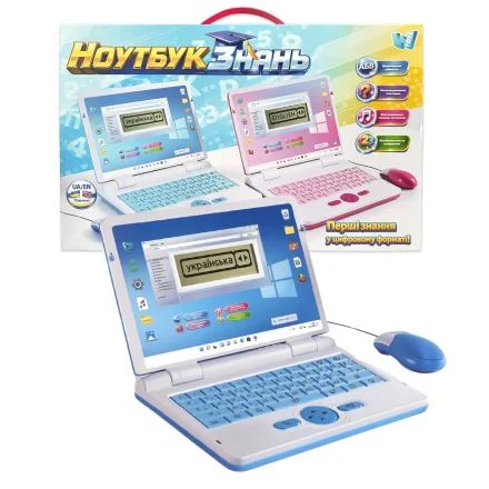 Ноутбук знань 73693 (24/2) БЛАКИТНИЙ “WToys”, ОЗВУЧУВАННЯ УКРАЇНСЬКОЮ МОВОЮ, від батарейок та мережі, англ\укр абетка, цифри, скоромовки, казки, пісні, загадки, вікторина, в коробці  мініатюра фото 1