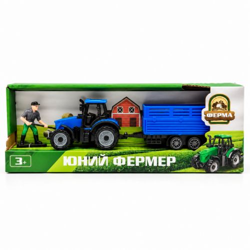 Трактор інерційний з причепом для тварин і фігуркою (СИНІЙ) фото