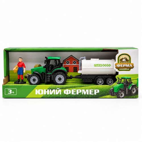 Трактор інерційний з причепом бочкою і фігуркою (ЗЕЛЕНИЙ) фото