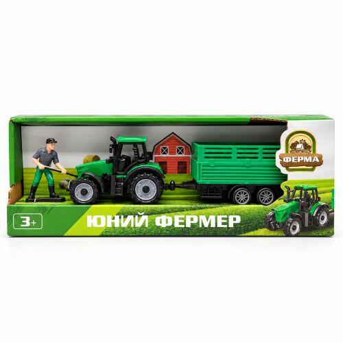 Трактор інерційний з причепом для тварин і фігуркою (ЗЕЛЕНИЙ) фото